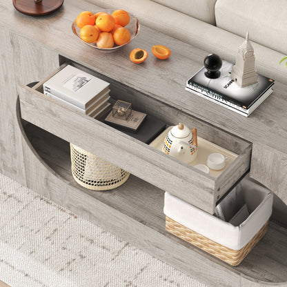 Modern Grey Wood Grain Console Table, Particle Board Entryway Table with Storage Drawer, Hollow Oval Cutout Narrow Sofa Accent Table for Hall Foyer Li