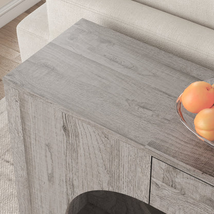 Modern Grey Wood Grain Console Table, Particle Board Entryway Table with Storage Drawer, Hollow Oval Cutout Narrow Sofa Accent Table for Hall Foyer Li