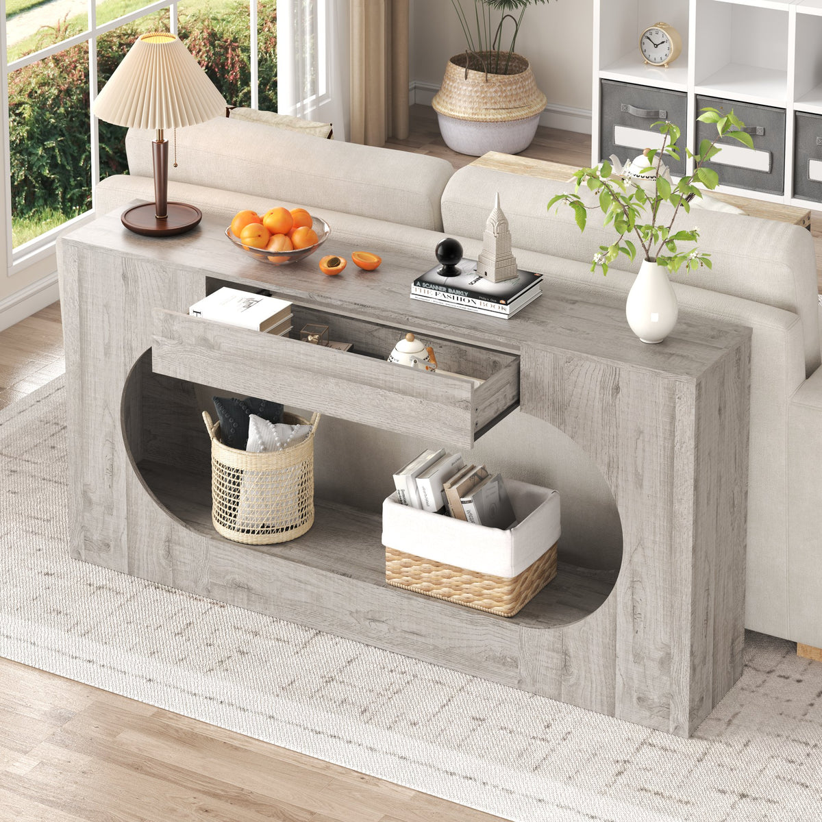 Modern Grey Wood Grain Console Table, Particle Board Entryway Table with Storage Drawer, Hollow Oval Cutout Narrow Sofa Accent Table for Hall Foyer Li