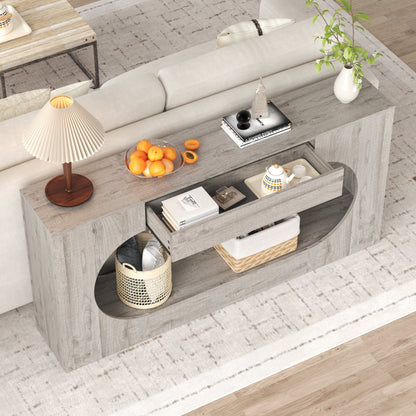Modern Grey Wood Grain Console Table, Particle Board Entryway Table with Storage Drawer, Hollow Oval Cutout Narrow Sofa Accent Table for Hall Foyer Li