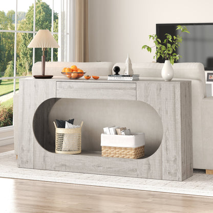 Modern Grey Wood Grain Console Table, Particle Board Entryway Table with Storage Drawer, Hollow Oval Cutout Narrow Sofa Accent Table for Hall Foyer Li