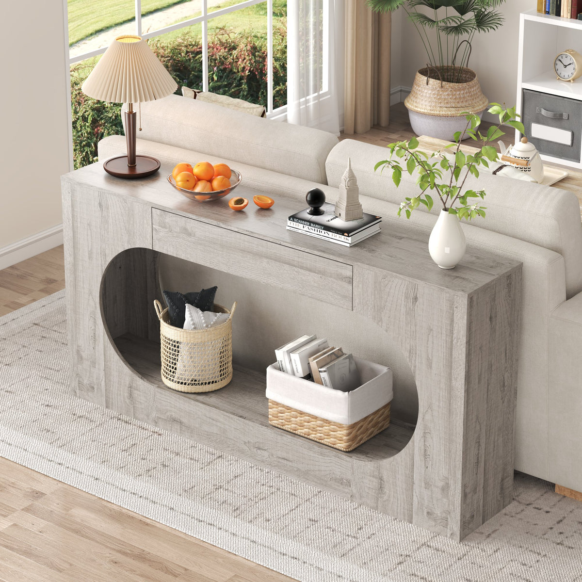 Modern Grey Wood Grain Console Table, Particle Board Entryway Table with Storage Drawer, Hollow Oval Cutout Narrow Sofa Accent Table for Hall Foyer Li