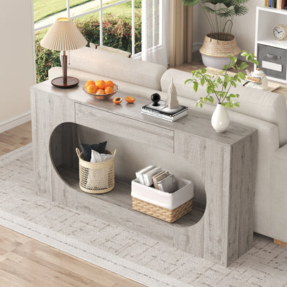 Modern Grey Wood Grain Console Table, Particle Board Entryway Table with Storage Drawer, Hollow Oval Cutout Narrow Sofa Accent Table for Hall Foyer Li