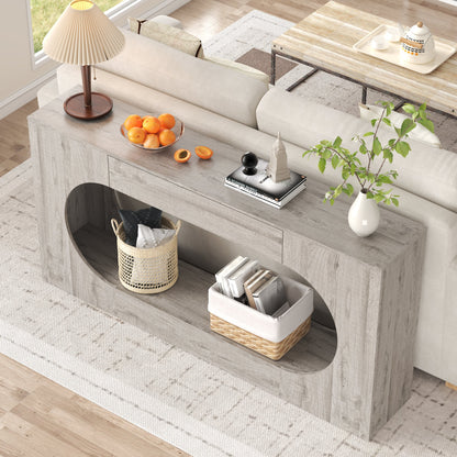 Modern Grey Wood Grain Console Table, Particle Board Entryway Table with Storage Drawer, Hollow Oval Cutout Narrow Sofa Accent Table for Hall Foyer Li