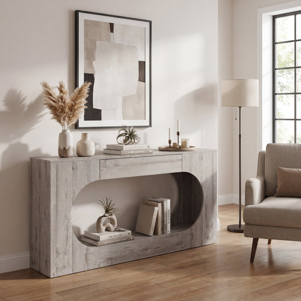Modern Grey Wood Grain Console Table, Particle Board Entryway Table with Storage Drawer, Hollow Oval Cutout Narrow Sofa Accent Table for Hall Foyer Li