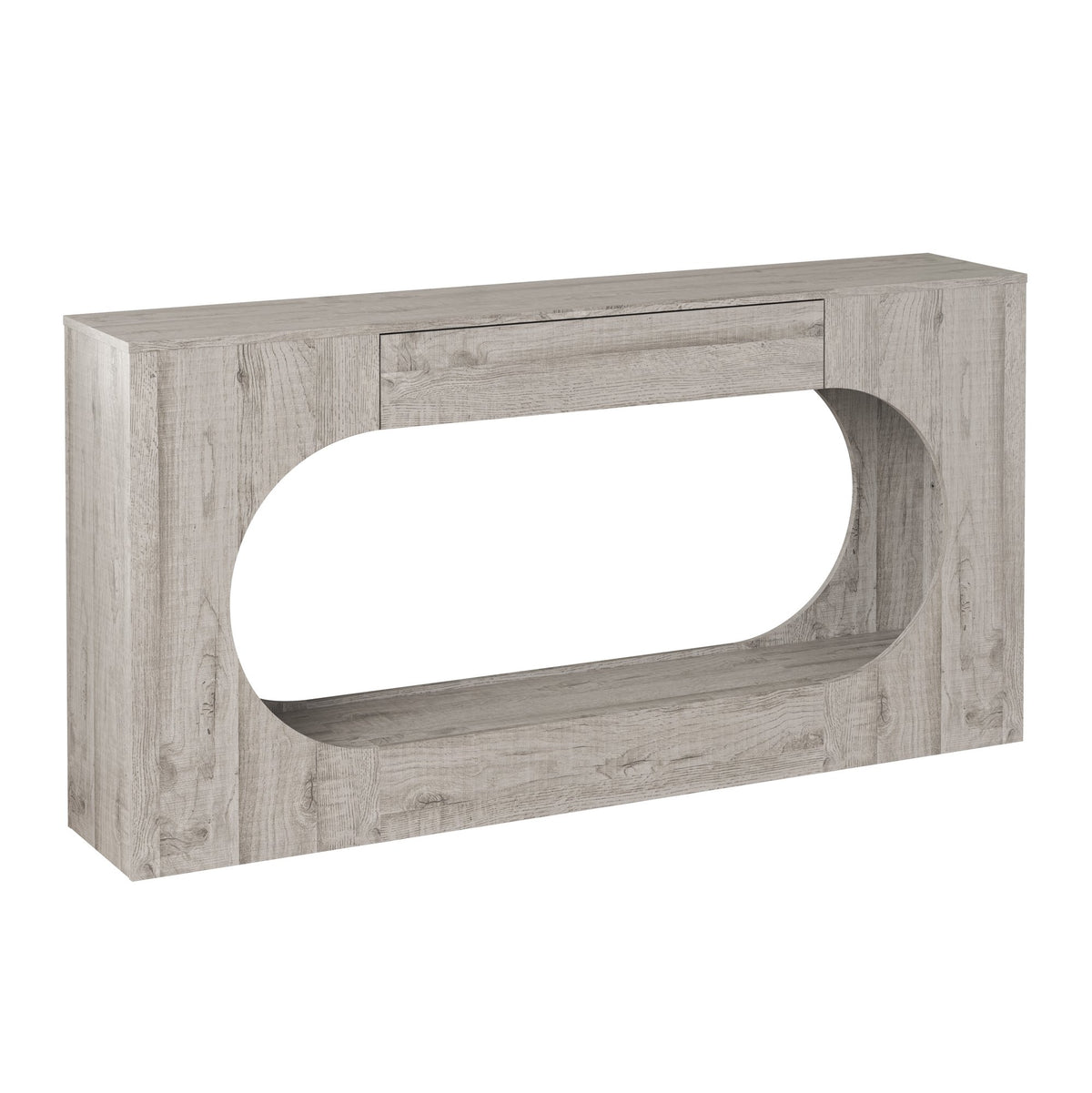 Modern Grey Wood Grain Console Table, Particle Board Entryway Table with Storage Drawer, Hollow Oval Cutout Narrow Sofa Accent Table for Hall Foyer Li
