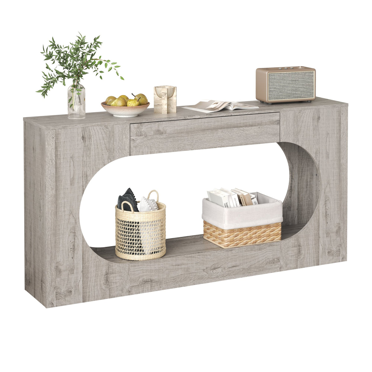 Modern Grey Wood Grain Console Table, Particle Board Entryway Table with Storage Drawer, Hollow Oval Cutout Narrow Sofa Accent Table for Hall Foyer Li