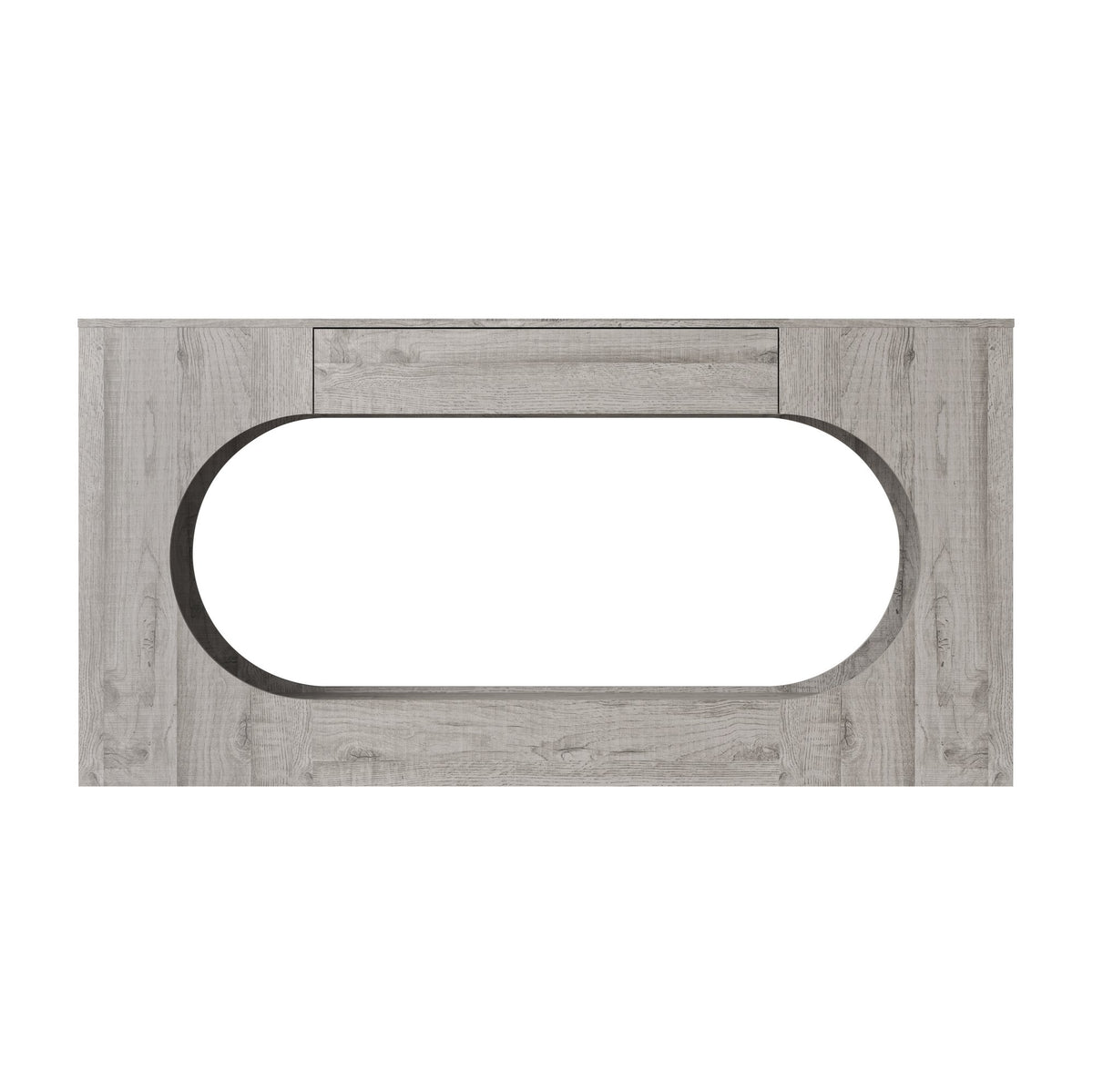 Modern Grey Wood Grain Console Table, Particle Board Entryway Table with Storage Drawer, Hollow Oval Cutout Narrow Sofa Accent Table for Hall Foyer Li