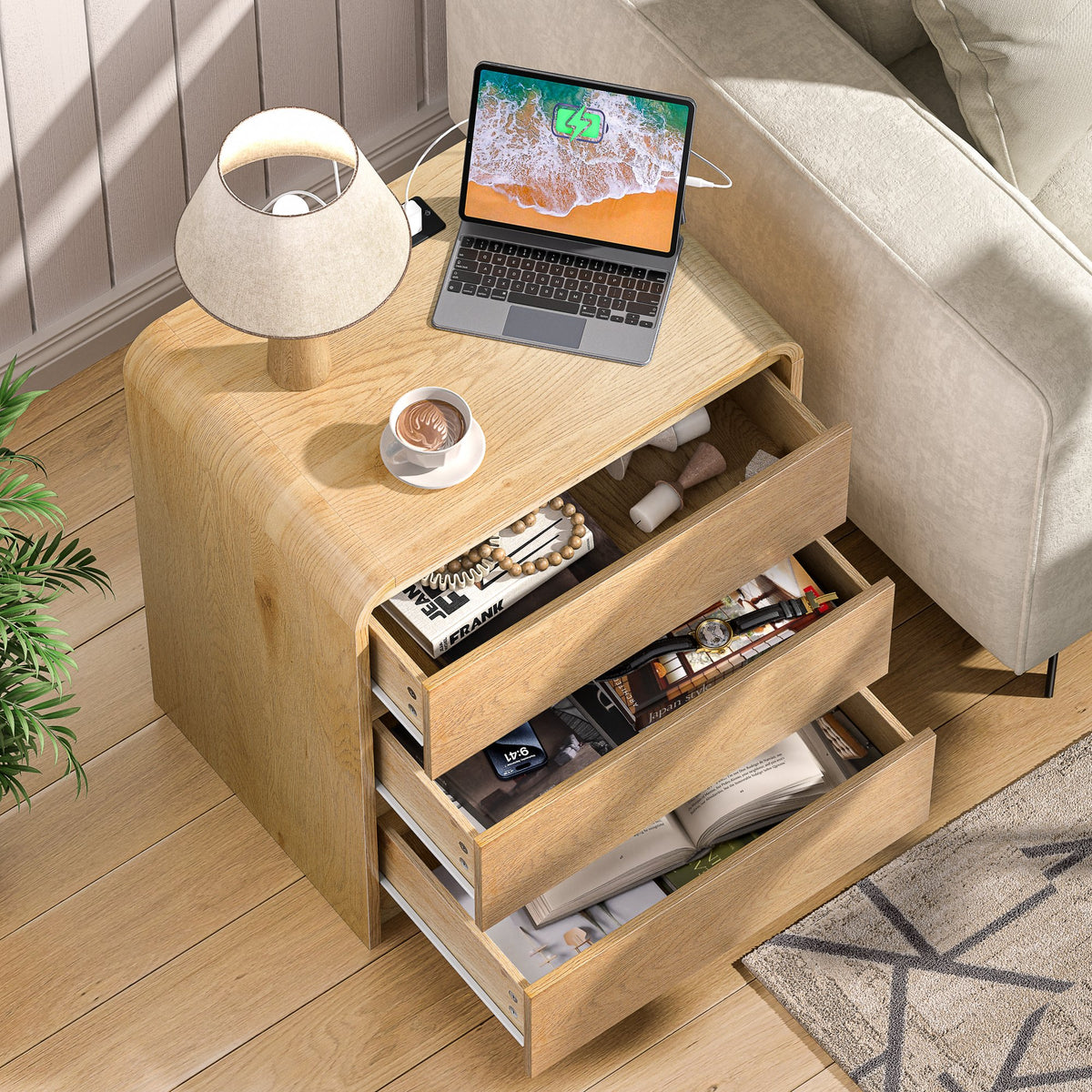 Modern Night Stand with Charging Station, 25" Tall Wood Nightstand Bedside Table with 3 Drawers & USB Ports, Mid-Century End Table for Bedroom (Nature Smooth, 3 Drawers)
