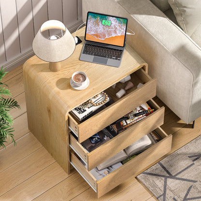 Modern Night Stand with Charging Station, 25" Tall Wood Nightstand Bedside Table with 3 Drawers & USB Ports, Mid-Century End Table for Bedroom (Nature Smooth, 3 Drawers)