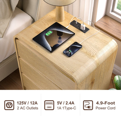 Modern Night Stand with Charging Station, 25" Tall Wood Nightstand Bedside Table with 3 Drawers & USB Ports, Mid-Century End Table for Bedroom (Nature Smooth, 3 Drawers)