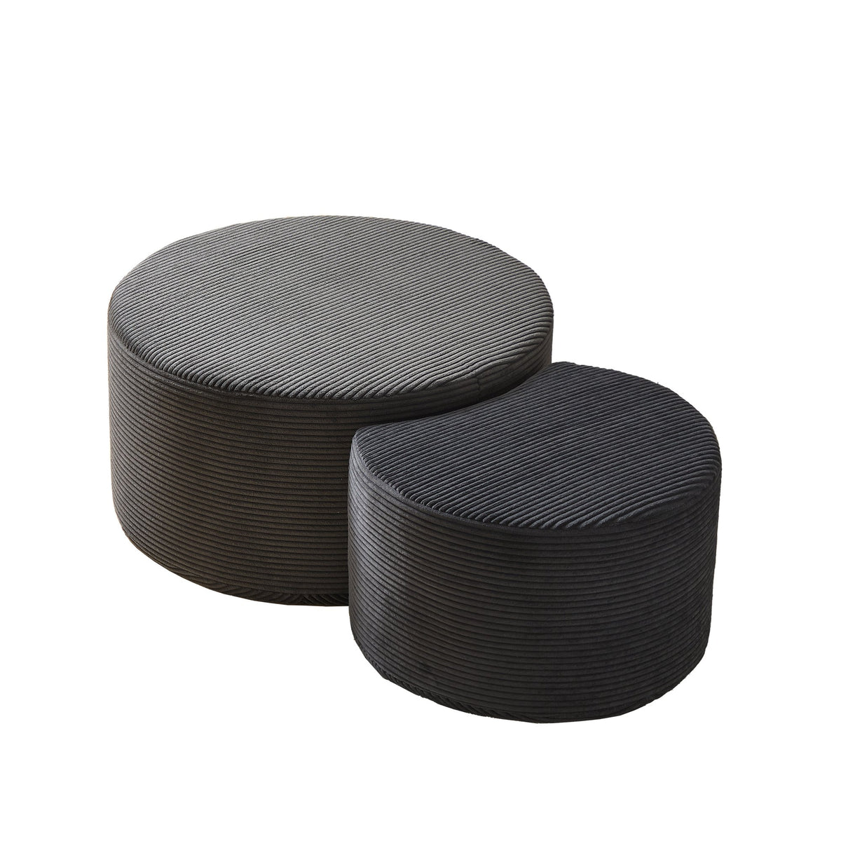 Modern Upholstered Round Coffee Table Set of 2 in Black, Corduroy Fabric, No Assembly, Perfect for Living Room or Bedroom