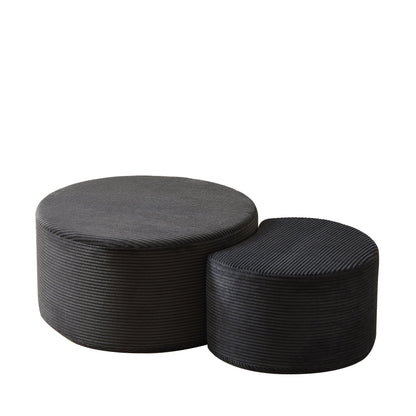 Modern Upholstered Round Coffee Table Set of 2 in Black, Corduroy Fabric, No Assembly, Perfect for Living Room or Bedroom