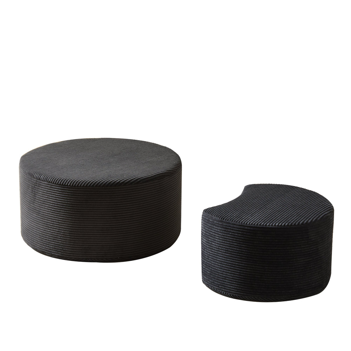 Modern Upholstered Round Coffee Table Set of 2 in Black, Corduroy Fabric, No Assembly, Perfect for Living Room or Bedroom