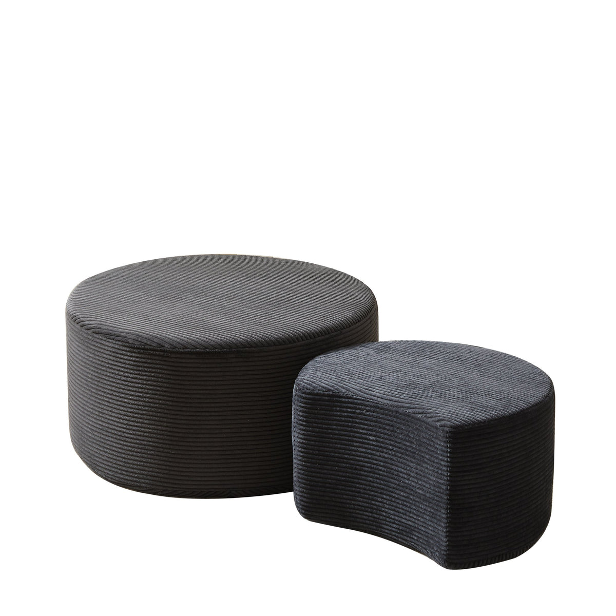 Modern Upholstered Round Coffee Table Set of 2 in Black, Corduroy Fabric, No Assembly, Perfect for Living Room or Bedroom