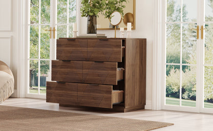 Modern Walnut Dresser with 6 Drawers, Mid Century 3D Geometric Wood Chest of Drawers, Large Storage Cabinet for Bedroom, Living Room & Entryway