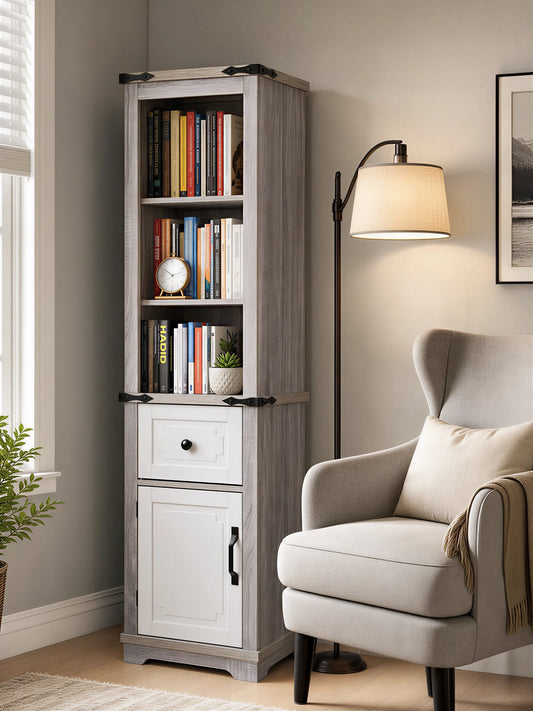 Narrow cabinet, Bathroom Storage Cabinet, Farmhouse Storage Cabinet with Adjustable Shelves & Storage Drawer, Tall Linen Tower – Grey