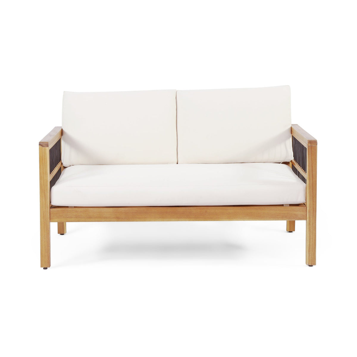 Outdoor Acacia Wood and Iron Loveseat and Coffee Table Set with Cushions, Teak, Black, Beige