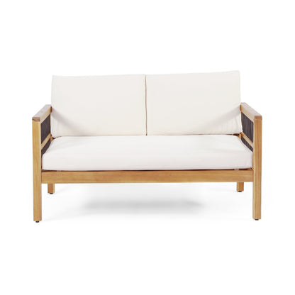 Outdoor Acacia Wood and Iron Loveseat and Coffee Table Set with Cushions, Teak, Black, Beige