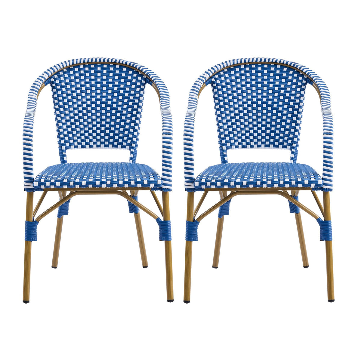 Outdoor Bistro Chairs, Patio Dining Chairs with Aluminum Frame, Weather Resistant PP Rattan Armchairs for Porch, Garden, Backyard, Cafe (Set of 2),  Natural+Blue+White
