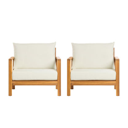 Outdoor Club Chair(Set of 2), Acacia Wood Frame with Brown Textilene Accents, Water-Repellent Beige Cushions for Patio/Backyard/Deck