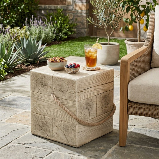 Outdoor Wood Grain Square MGO Side Table with Simulated Braided Cord – Indoor Retro End Table for Home & Patio Decor
