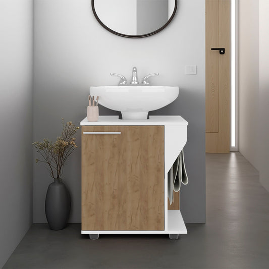 Phillips Under Sink Cabinet, Double Door Storage with Open Back for Pipes, Wide Unit, Freestanding Cabinet, Natural Oak