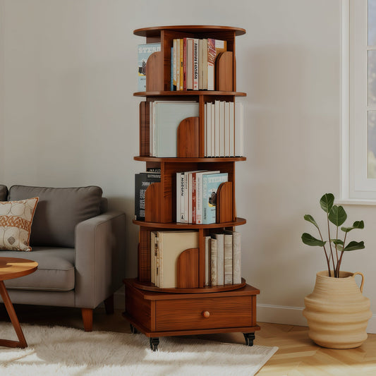 Rotating Bookshelf with Drawer, 360 Display 5 Tier Corner Bookshelf, Floor Standing Bookcase Storage Rack, Wood Narrow Organizer - Walnut