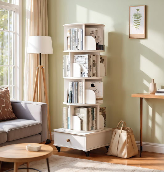 Rotating Bookshelf with Drawer, 360 Display 5 Tier Corner Bookshelf, Floor Standing Bookcase Storage Rack, Wood Narrow Organizer - White