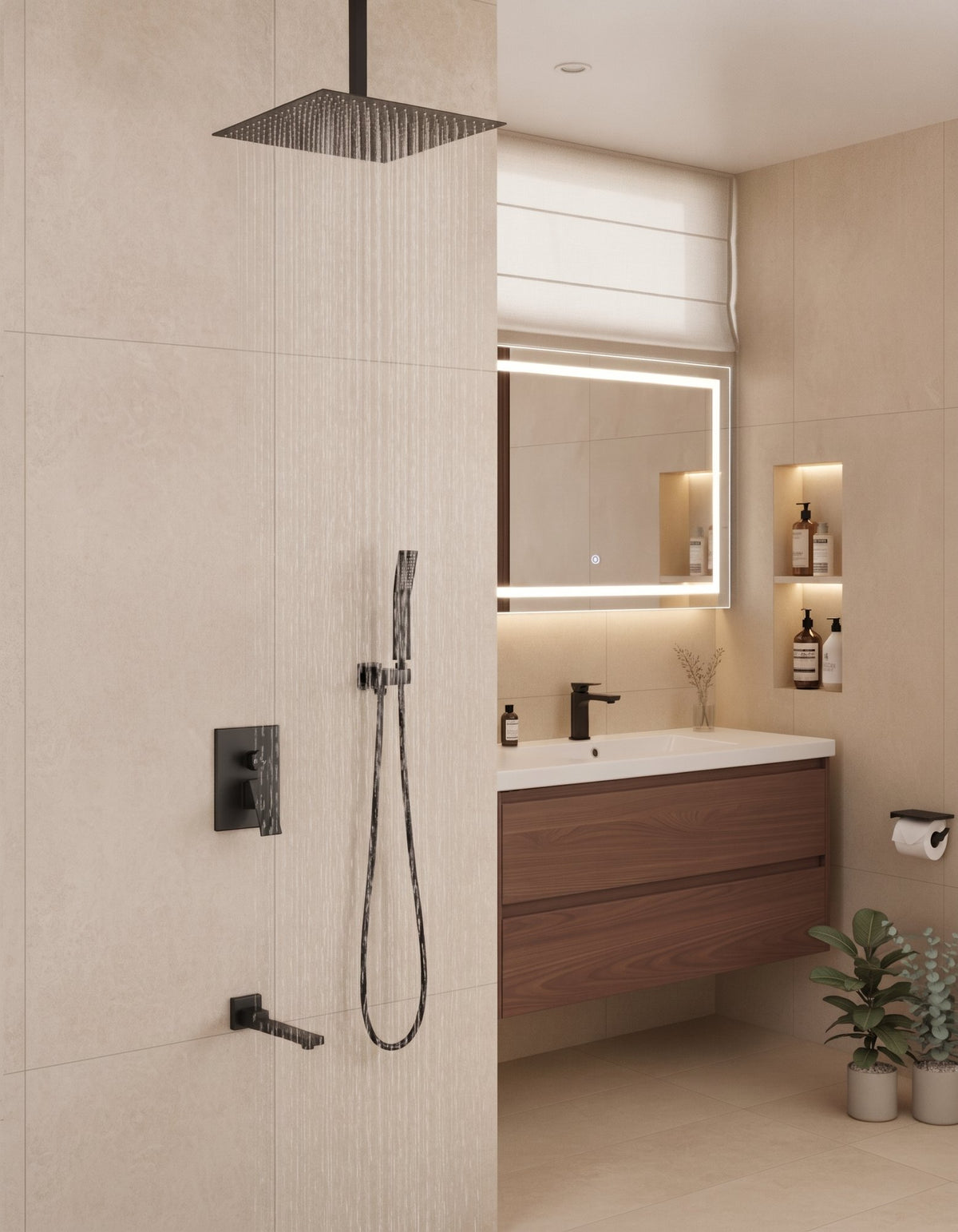 Shower System with Tub Spout,12 inch  Shower Head Shower Set for Bathroom Matte Black
