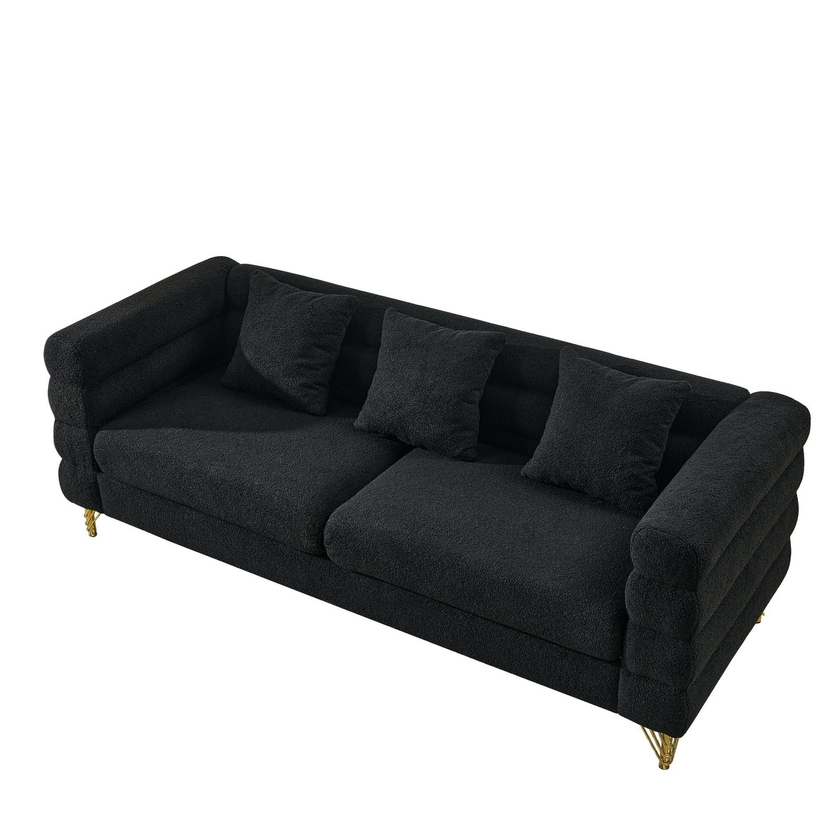 Streamline Modern 81 Inch Oversized 3 Seater Sectional Sofa in Black Teddy Fabric with 3 Lumbar Pillows, Deep Seating Comfort