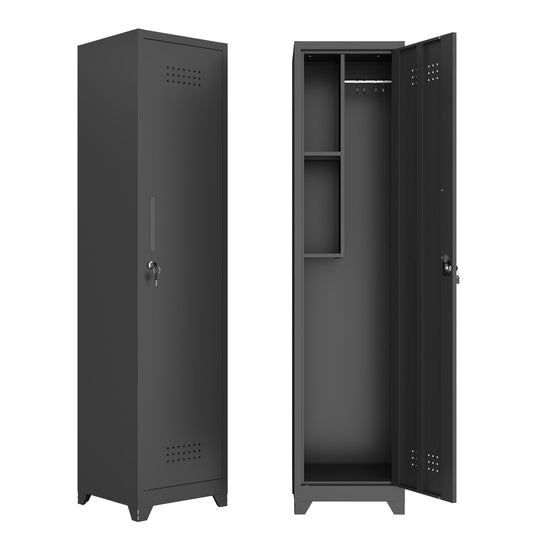Tall Narrow Metal Storage Cabinet with Lock, 65" Slim Utility Organizer with Hanging Rod & Fixed Shelves, Ventilated Cleaning Supply Cabinet for Laundry Room, Garage, Entryway(Black)