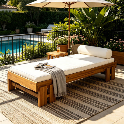 Teak Finish Acacia Wood Daybed with Cream Cushion & Pillow, 600 lbs Weight Capacity, Indoor/Outdoor Use, Washable Cushion Cover, Modern Low-Profile Design for Patio Living Room