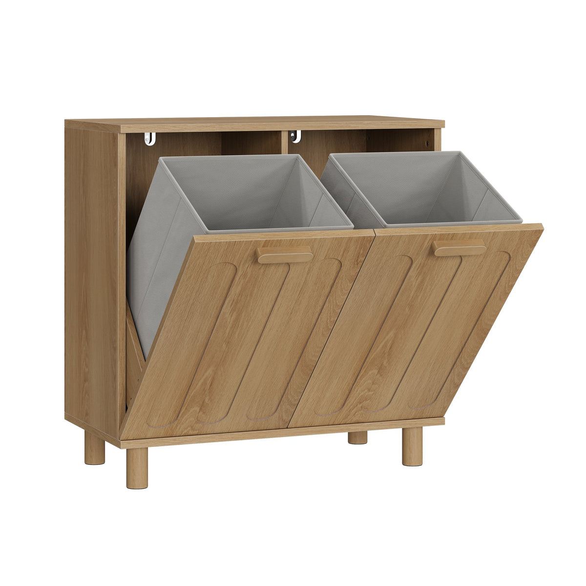 Tilt-out laundry cabinet with removable basket, concealed laundry storage, bathroom laundry storage unit, freestanding home storage rack, oak finish