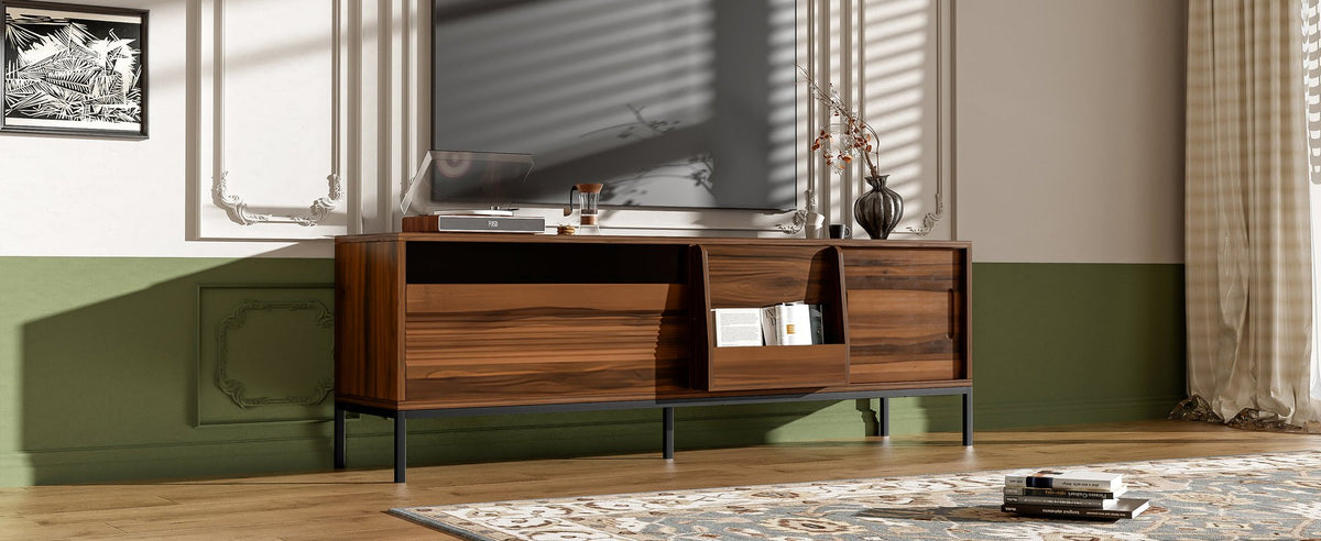 U-Can 70.8'' Modern TV Stand for TVs up to 75 Inches, Entertainment Center with Storage Space, Sliding Doors, Adjustable Shelves and Metal Frame, Mid Century Modern Media TV Console Table for Living R