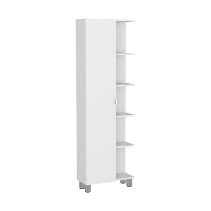 Urano Corner Linen Cabinet, Five External Shelves, Single Door, Four Interior Shelves -White