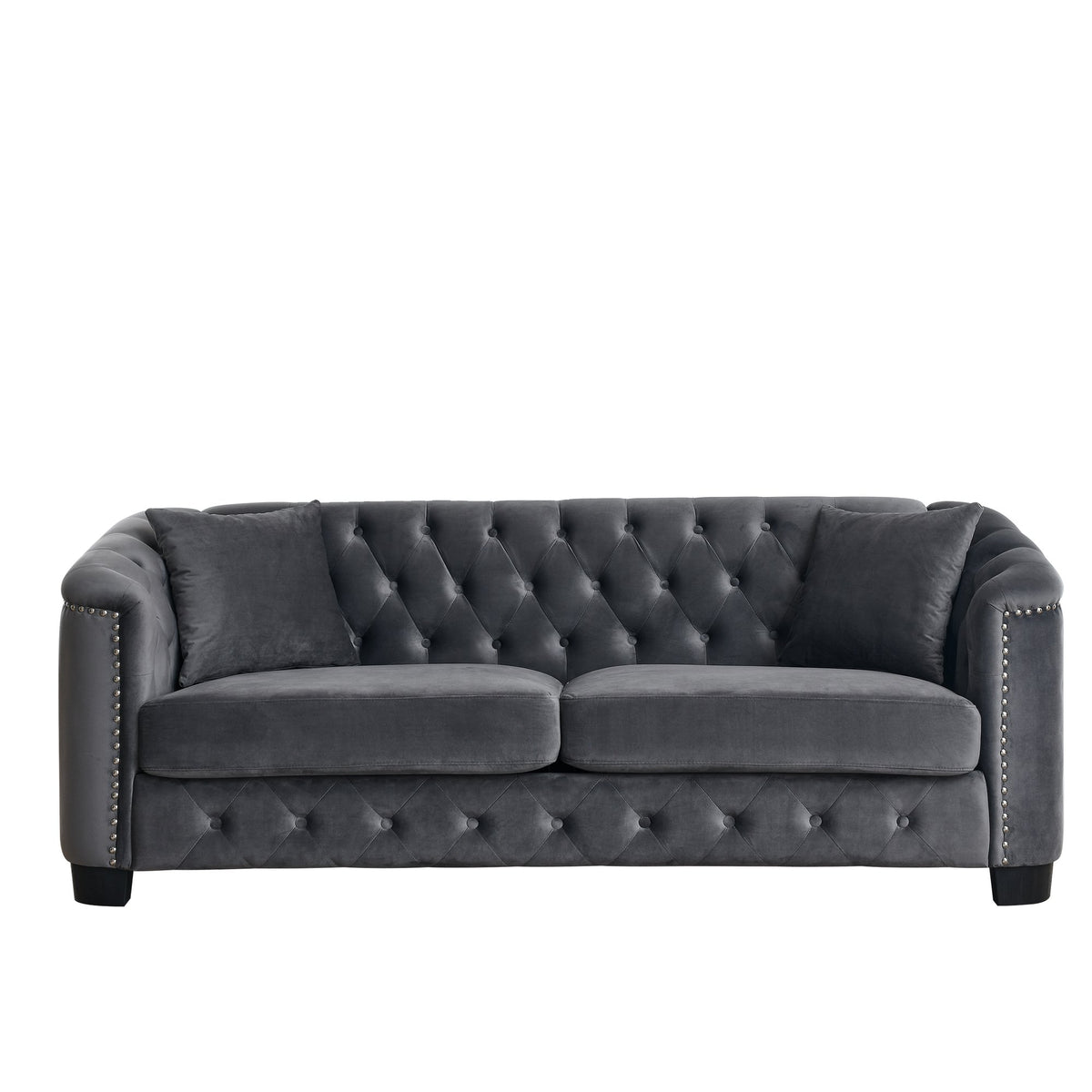 Velvet Chelsfield Sofa Set, featuring extra-deep seat cushions with padded armrests, tufted buttons, and brass studs, complete with throw pillows and plastic legs