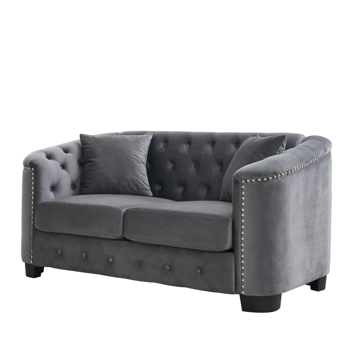Velvet Chelsfield Sofa Set, featuring extra-deep seat cushions with padded armrests, tufted buttons, and brass studs, complete with throw pillows and plastic legs