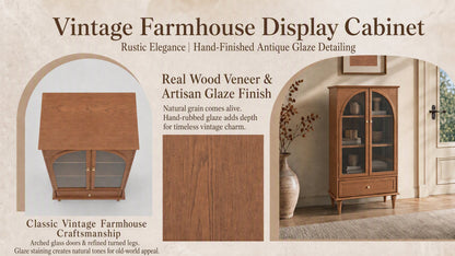 Vintage Farmhouse Arched Glass Accent Cabinet, MDF Real Wood Veneer Display Storage Cabinet with Solid Wood Legs, Adjustable Shelves & Drawer, Antique Glaze Finish