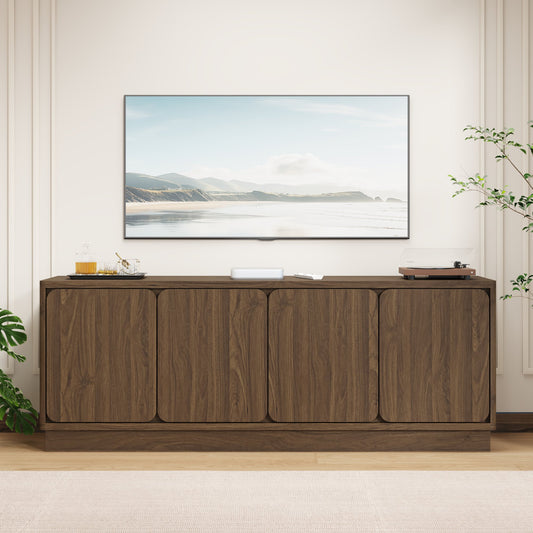 Walnut 63 Inch TV Stand with 4 Storage Doors, Wood Particle Board Media Console Cabinet with Cable Holes, Modern TV Cabinet for Living Room