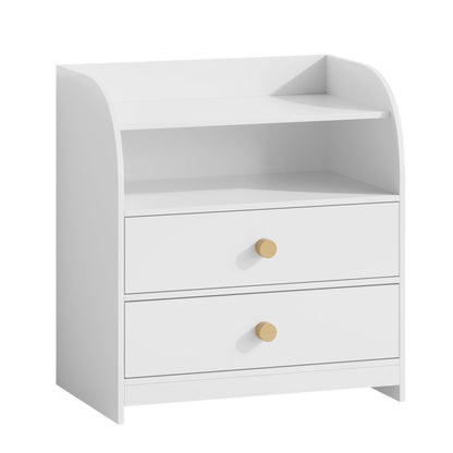White Nightstand with 2 Drawers and Open Shelf, MDF Bedside Table with Curved Side Panels, Modern End Table for Bedroom, Kids Room, Nursery, Living Room, Storage Cabinet for Adults and Children