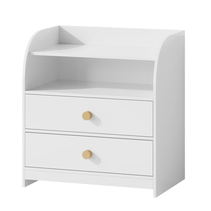 White Nightstand with 2 Drawers and Open Shelf, MDF Bedside Table with Curved Side Panels, Modern End Table for Bedroom, Kids Room, Nursery, Living Room, Storage Cabinet for Adults and Children