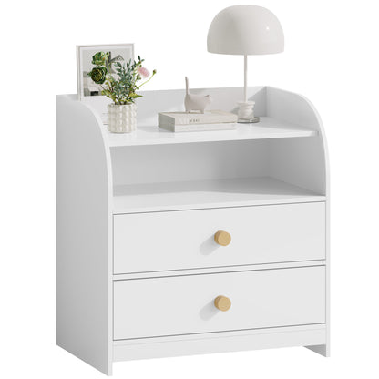 White Nightstand with 2 Drawers and Open Shelf, MDF Bedside Table with Curved Side Panels, Modern End Table for Bedroom, Kids Room, Nursery, Living Room, Storage Cabinet for Adults and Children