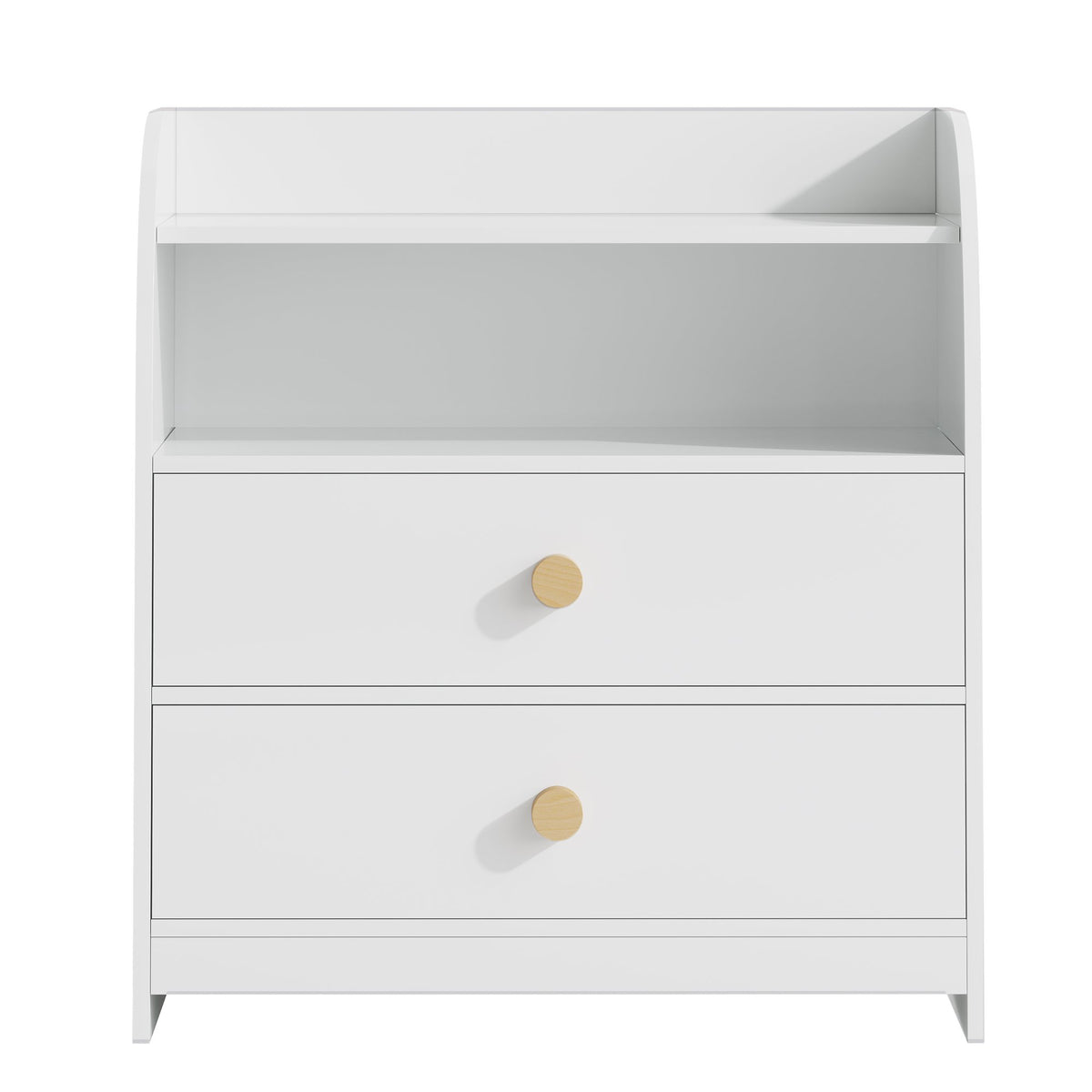 White Nightstand with 2 Drawers and Open Shelf, MDF Bedside Table with Curved Side Panels, Modern End Table for Bedroom, Kids Room, Nursery, Living Room, Storage Cabinet for Adults and Children