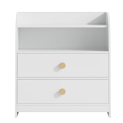 White Nightstand with 2 Drawers and Open Shelf, MDF Bedside Table with Curved Side Panels, Modern End Table for Bedroom, Kids Room, Nursery, Living Room, Storage Cabinet for Adults and Children