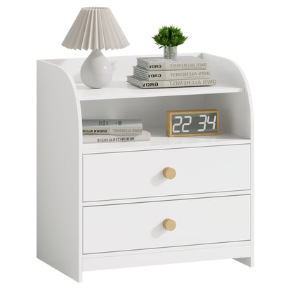 White Nightstand with 2 Drawers and Open Shelf, MDF Bedside Table with Curved Side Panels, Modern End Table for Bedroom, Kids Room, Nursery, Living Room, Storage Cabinet for Adults and Children