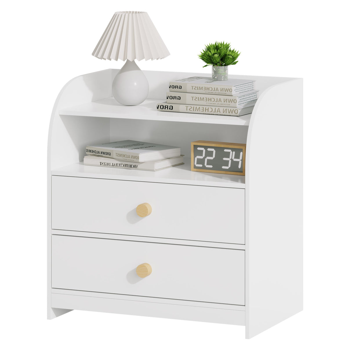 White Nightstand with 2 Drawers and Open Shelf, MDF Bedside Table with Curved Side Panels, Modern End Table for Bedroom, Kids Room, Nursery, Living Room, Storage Cabinet for Adults and Children