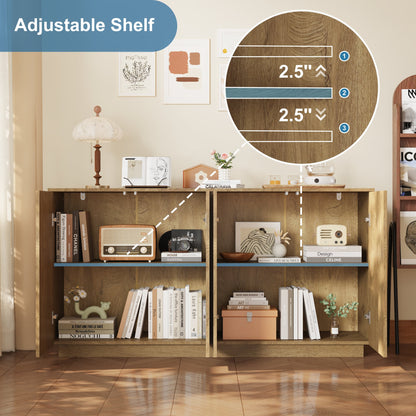 Wood Sideboard Buffet Cabinet, Natural  4-Door Storage Credenza with Adjustable Shelves, 59.1" Wide Large Side Board Cabinet, Particle Board Console Cabinet for Dining Room Kitchen Living Room Entrywa