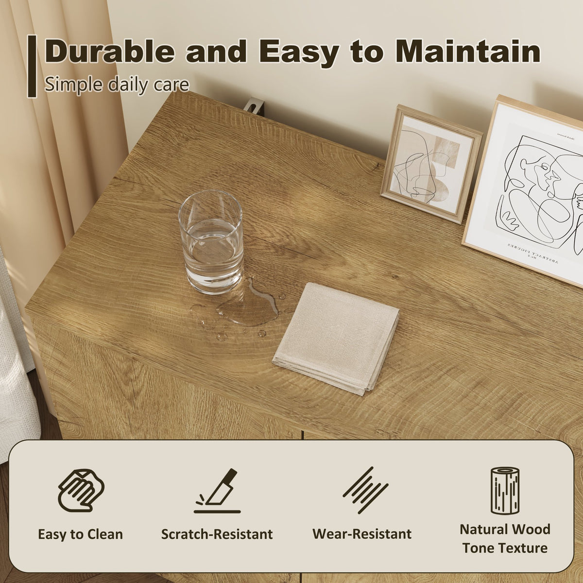Wood Sideboard Buffet Cabinet, Natural  4-Door Storage Credenza with Adjustable Shelves, 59.1" Wide Large Side Board Cabinet, Particle Board Console Cabinet for Dining Room Kitchen Living Room Entrywa