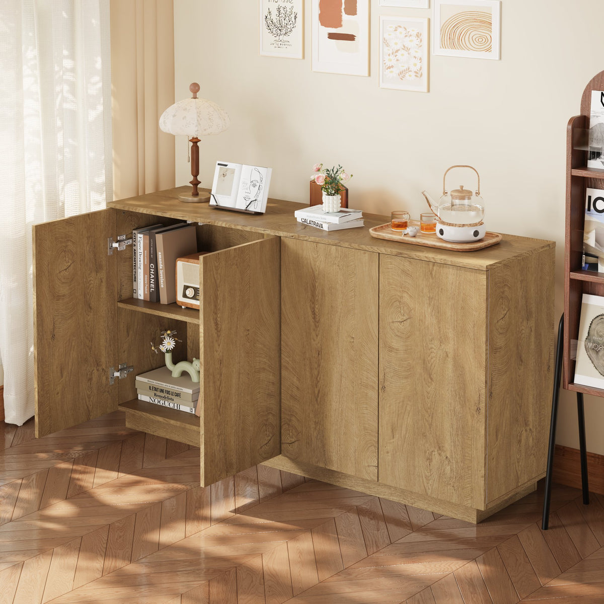 Wood Sideboard Buffet Cabinet, Natural  4-Door Storage Credenza with Adjustable Shelves, 59.1" Wide Large Side Board Cabinet, Particle Board Console Cabinet for Dining Room Kitchen Living Room Entrywa